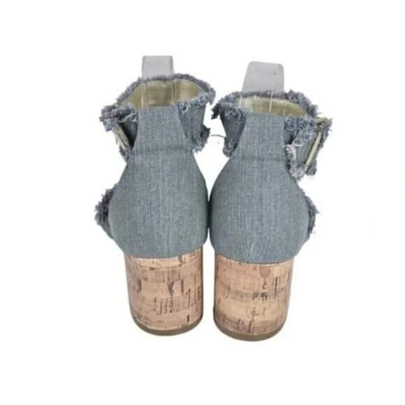 G By Guess Frayed  Denim Sandal Heel Chunky Cork Heel Open Toe Size 8.5 - Picture 9 of 16